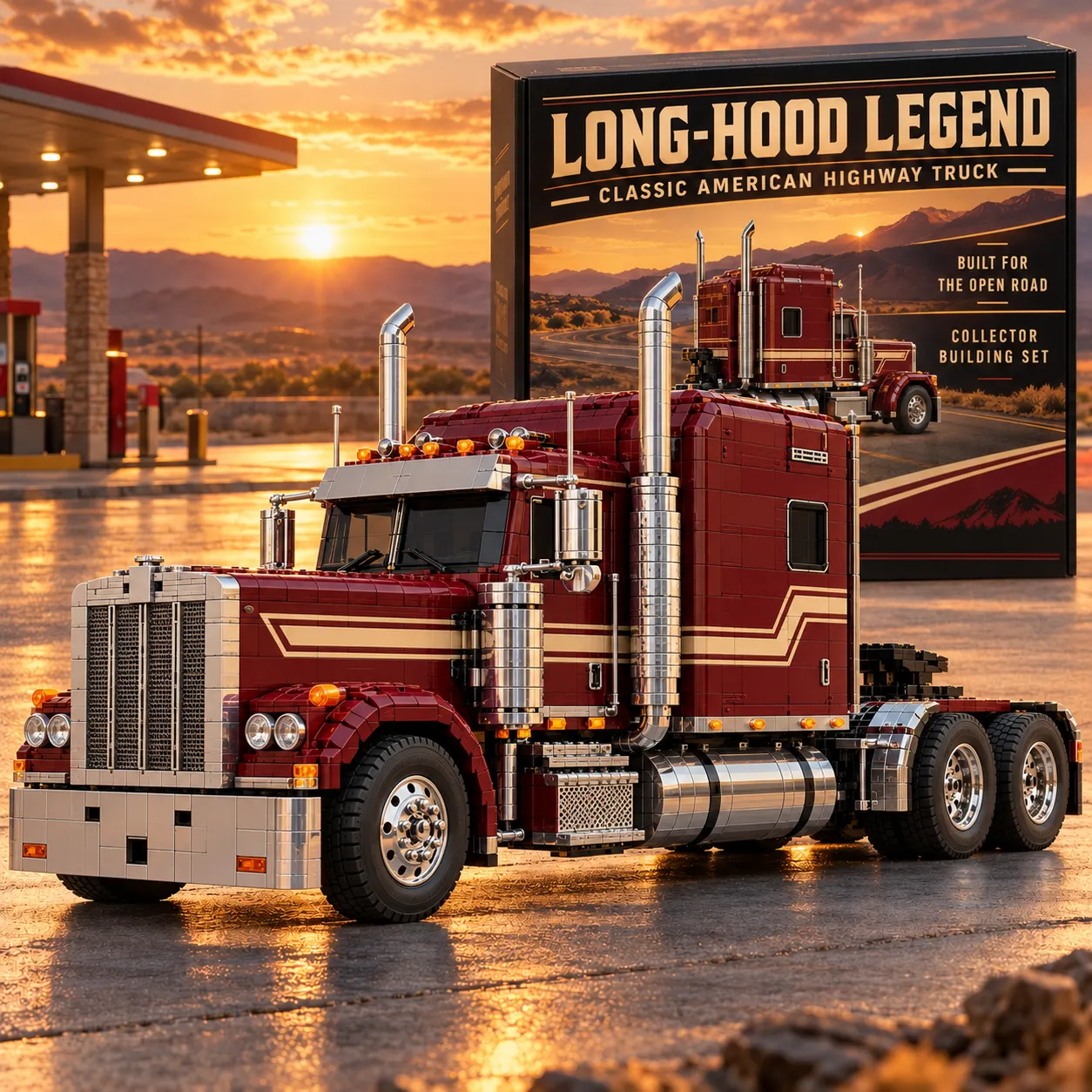 Burgundy American long-hood truck building model with collector package
