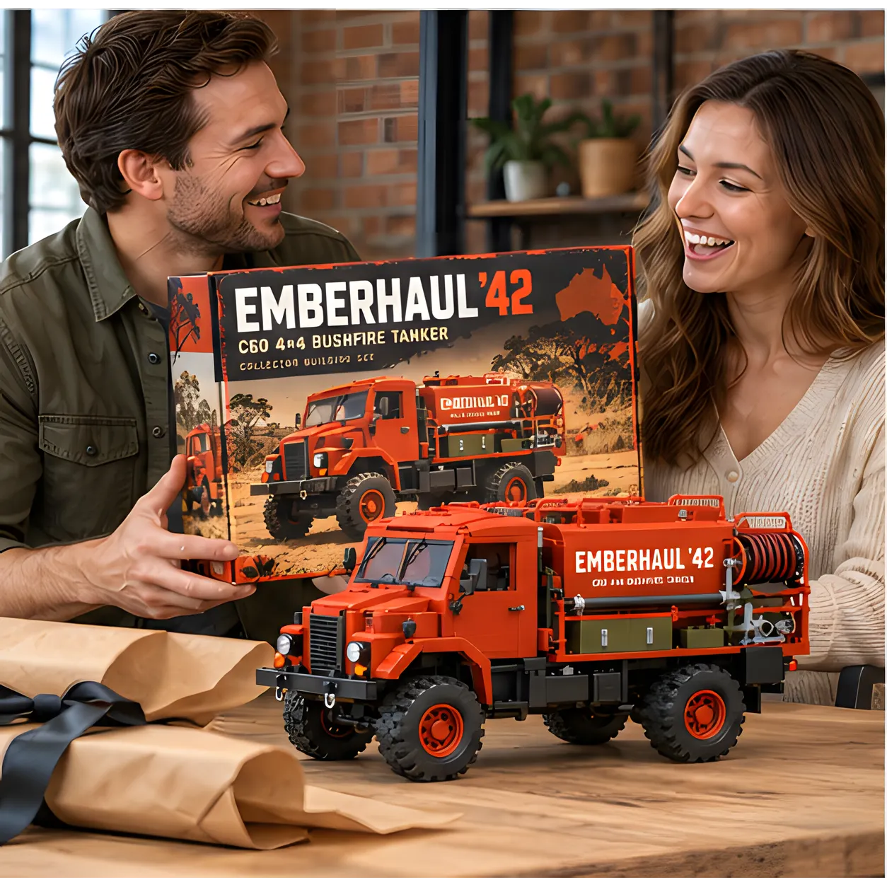 Two adults smiling beside a completed red brick-built bushfire tanker on a table, highlighting the red tank body, side hose reel, and rugged 4x4 stance.