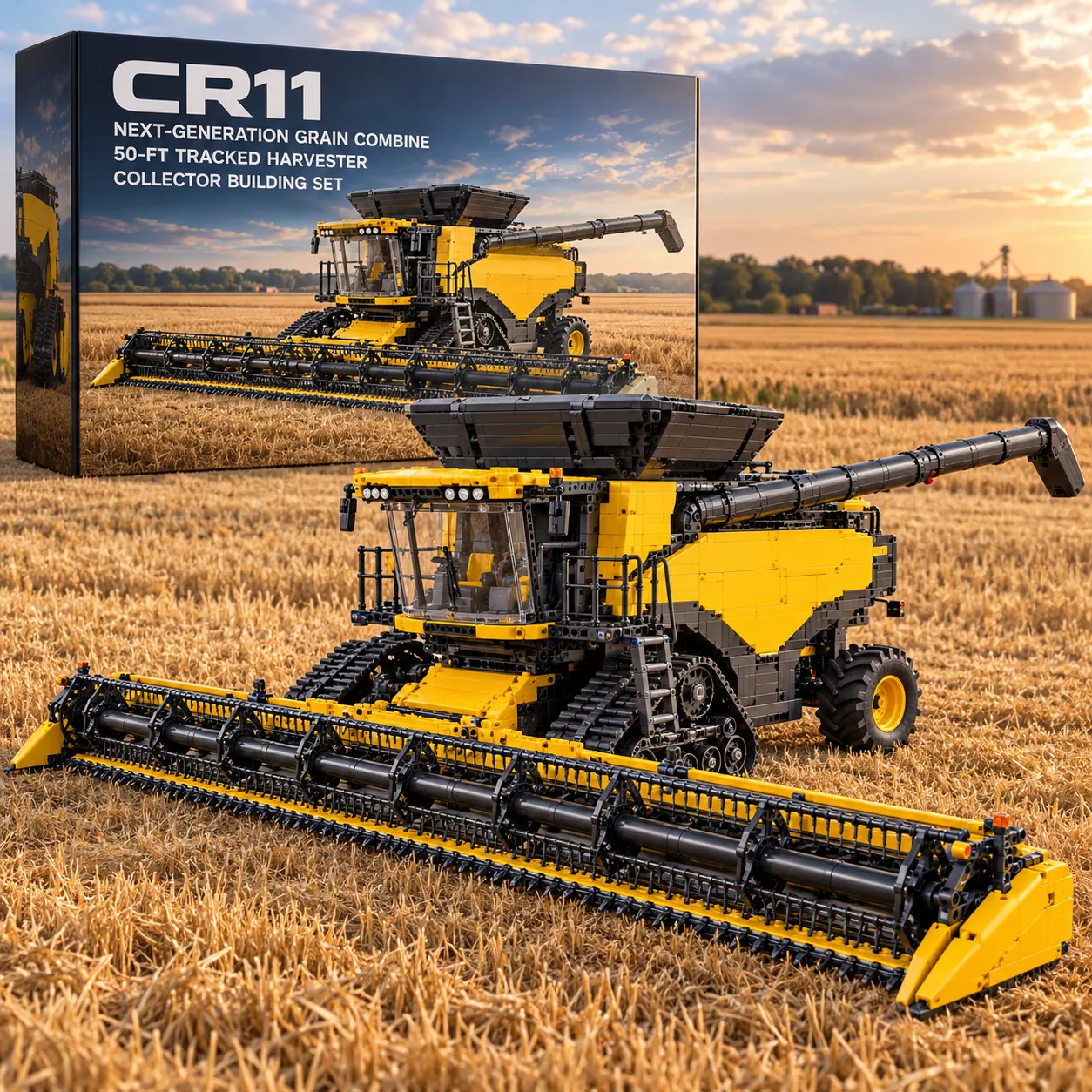 Yellow and black brick-built tracked grain combine in a golden wheat field, with extra-wide cutting header and collector presentation packaging