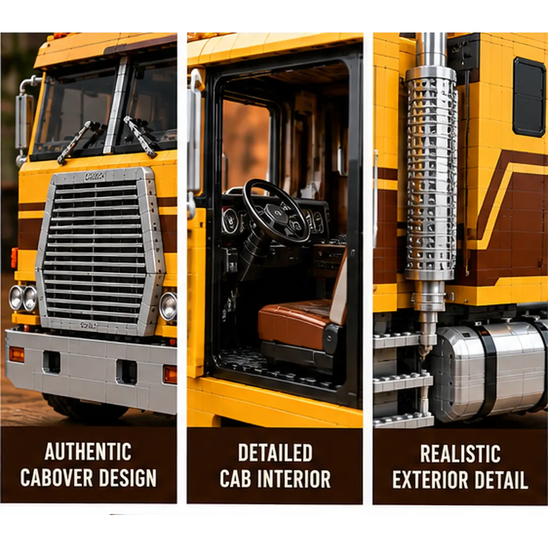 Three close-up panels showing the brick cabover truck's front grille, cab interior with steering wheel and seat, and silver-toned exhaust and fuel tank details