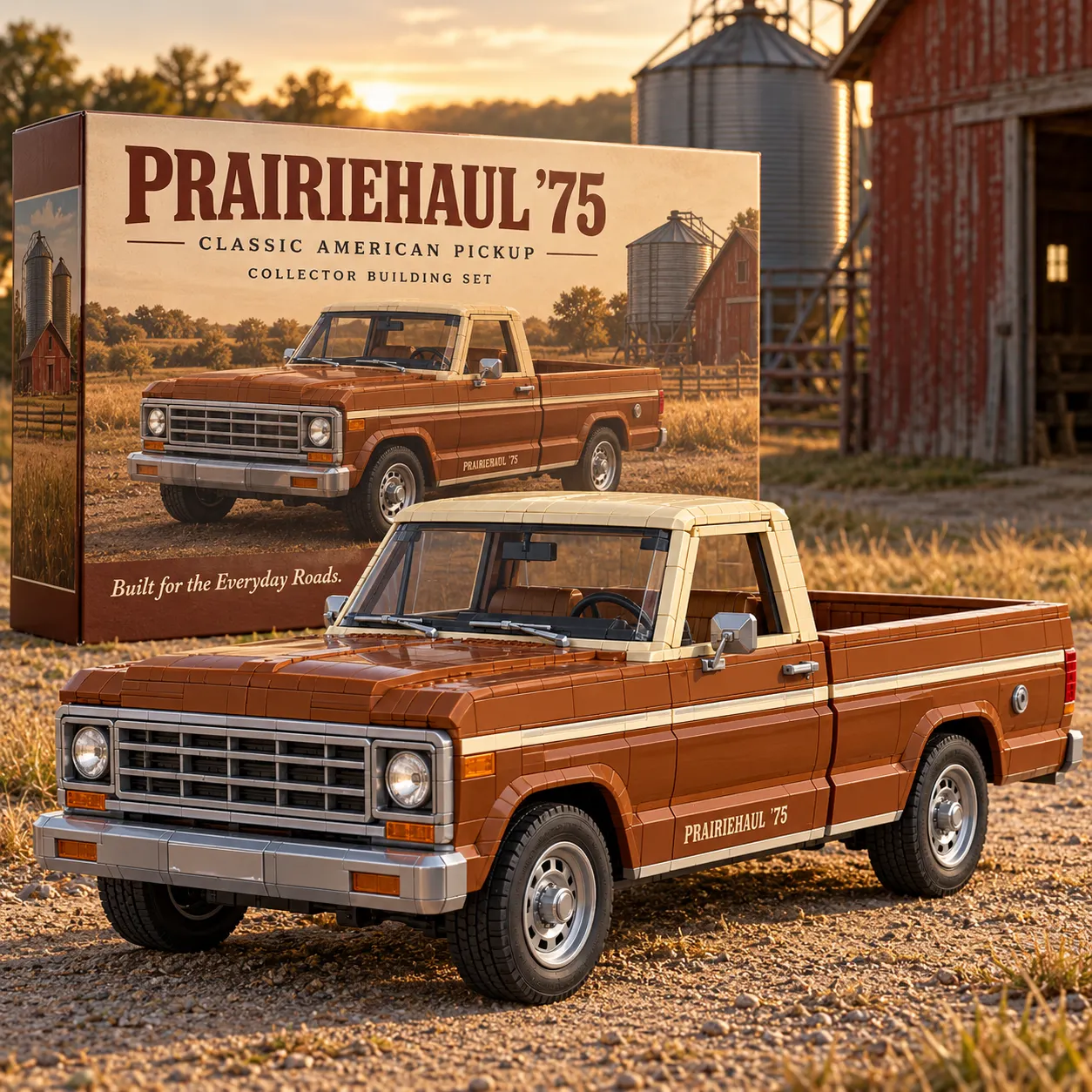 Rust-brown PRAIRIEHAUL ’75 brick-built pickup with a cream cab roof and long bed by a red barn and grain silo.