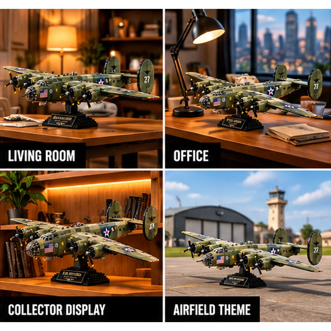 B-24 Liberator building-brick model displayed in a living room, office, collector shelf, and airfield-inspired setting