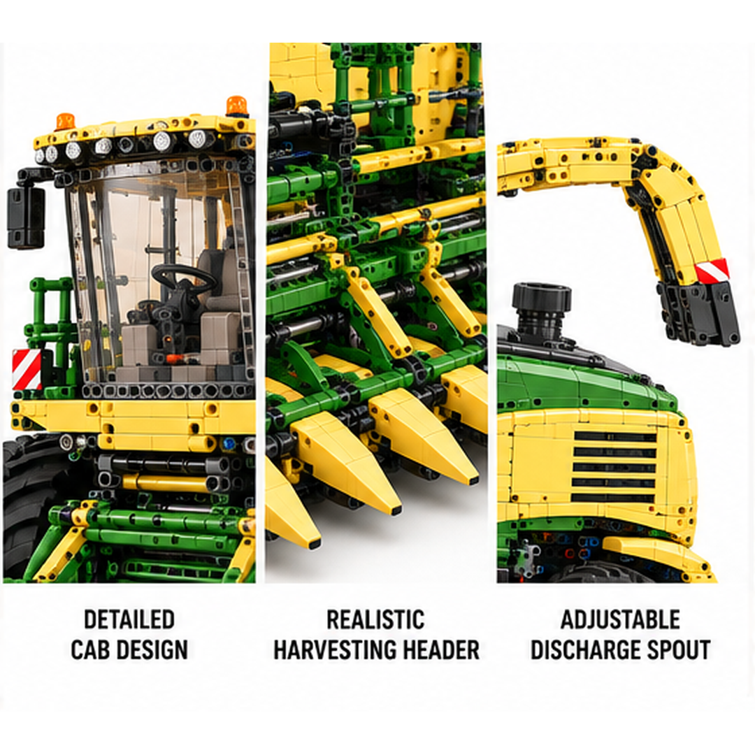 Three close-up views of the forage chopper model showing glazed operator cab, layered corn harvesting header and curved yellow discharge spout