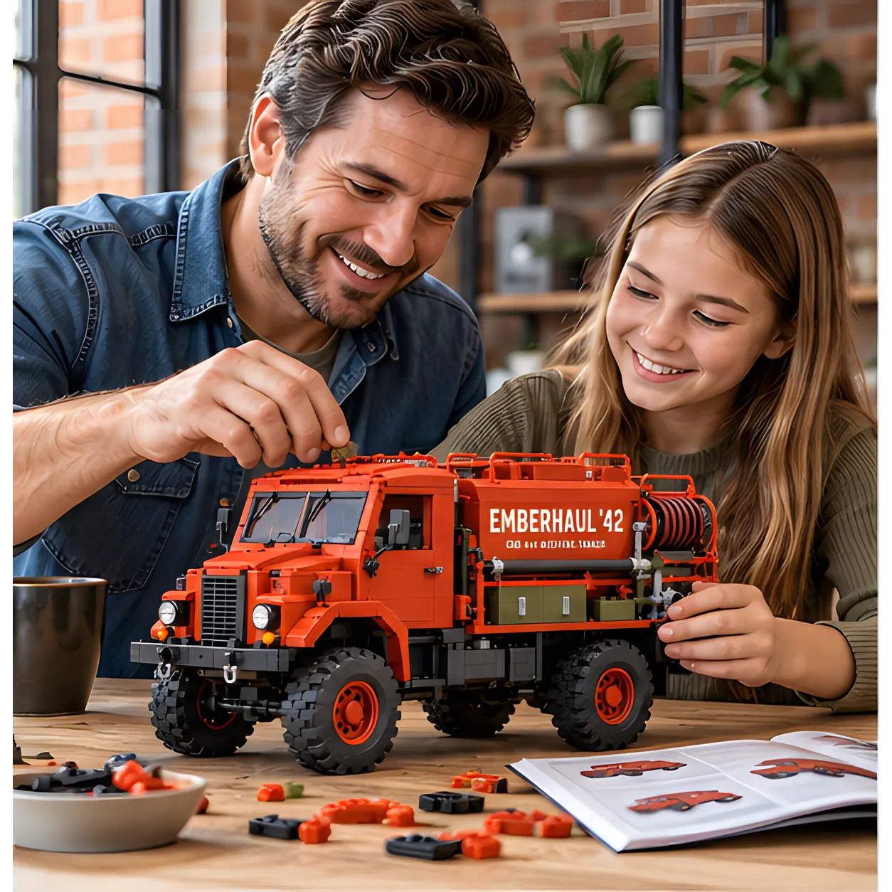Two people assembling a red brick-built bushfire tanker at a wooden table, with the cab, tank body, hose reel, and rugged wheels visible.
