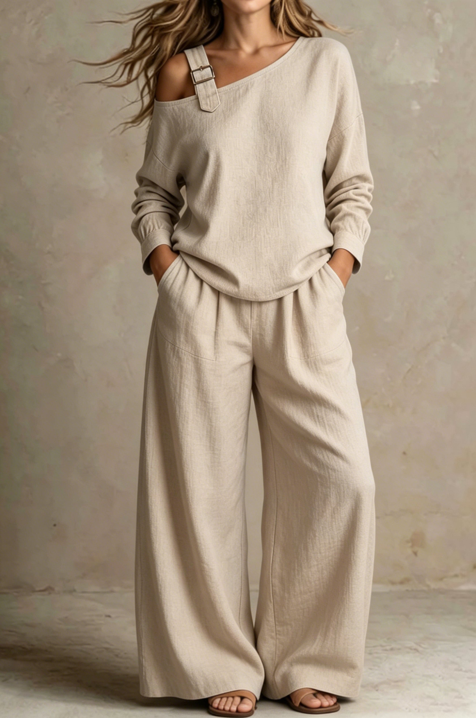 【Buy 2 Free Shipping】Women Chic One-Shoulder Linen-Blend Two-Piece Set