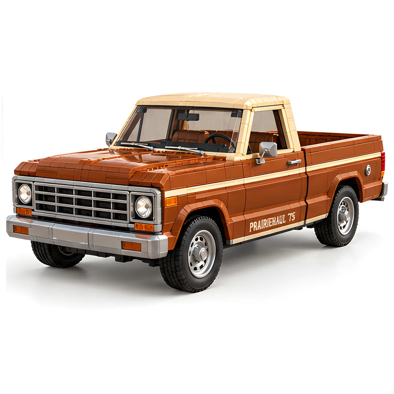 Front three-quarter view of a rust-brown pickup brick build with round headlights, pale roof, and silver grille on white.