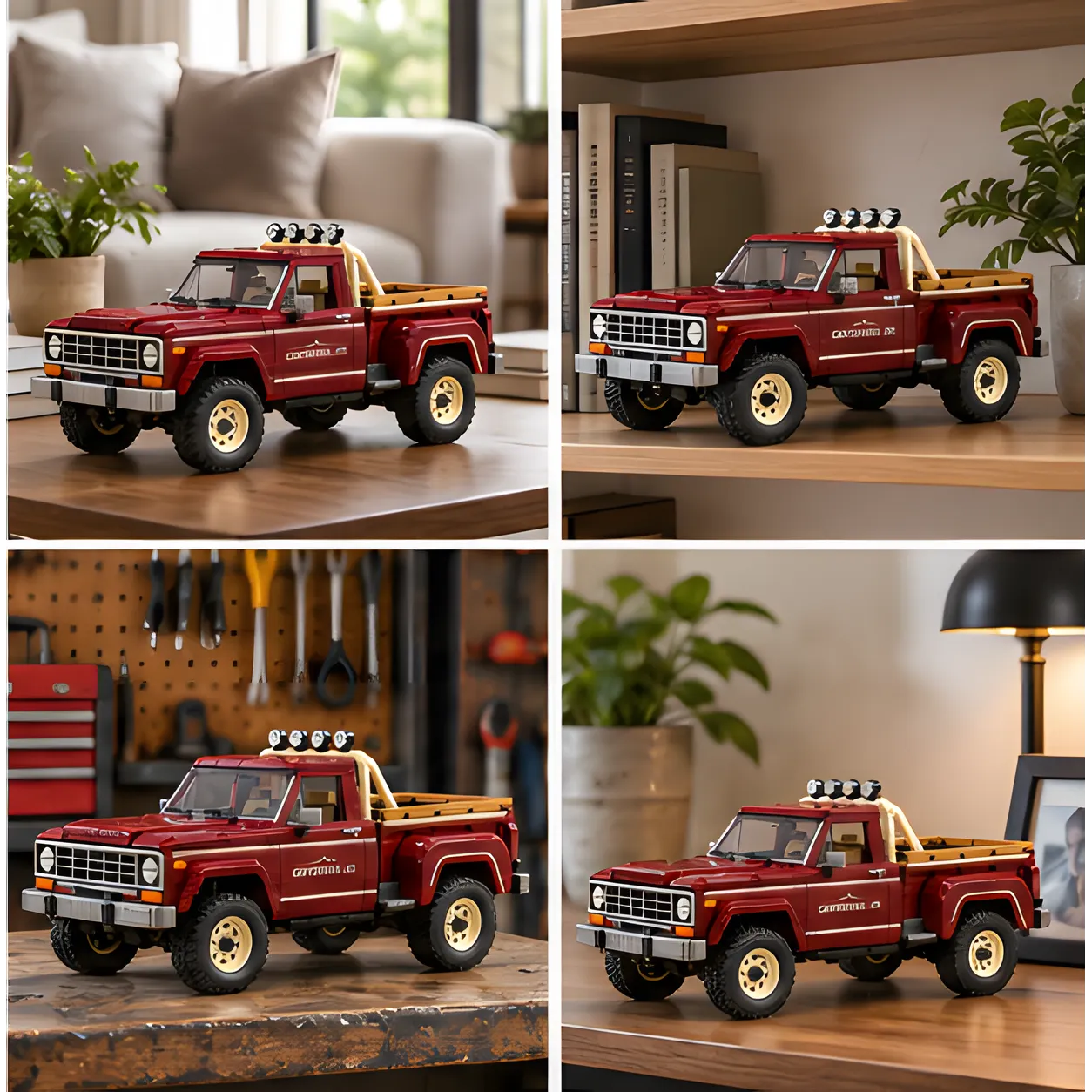 Four home display settings featuring the completed burgundy brick-built pickup on a living room table, bookshelf, workshop bench, and wooden side table.