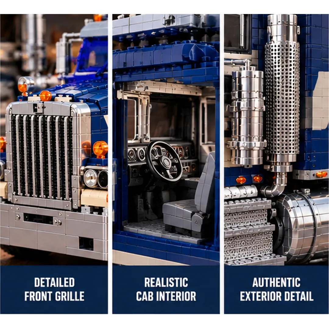 Close-up details of the blue brick truck front grille, cab, and exterior equipment