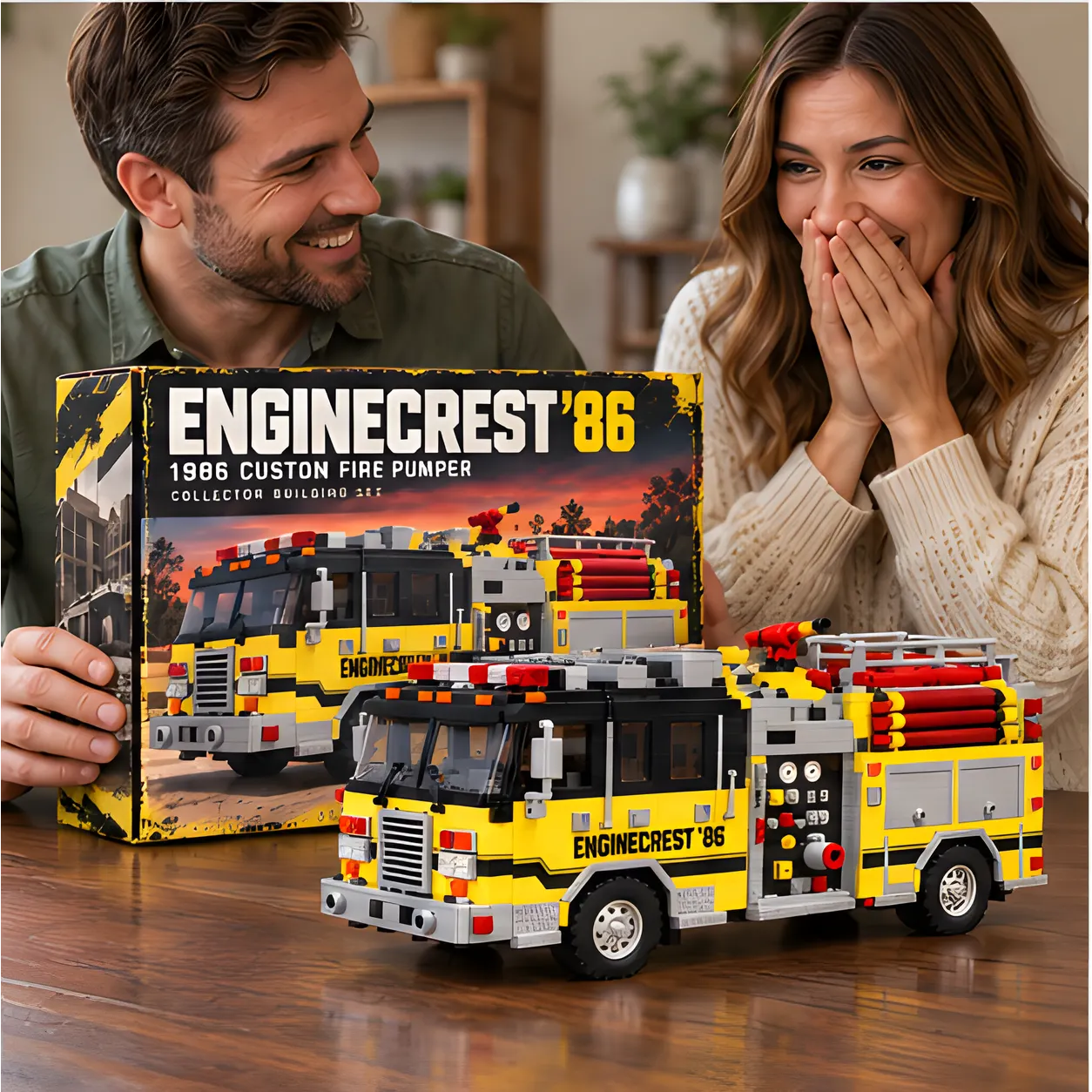 Two adults smiling beside the completed yellow-and-black ENGINECREST '86 brick-built fire pumper on a wooden table.