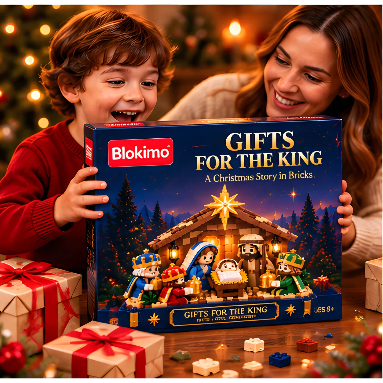 Smiling woman and child holding a navy Gifts for the King Nativity building set box beside wrapped Christmas presents.