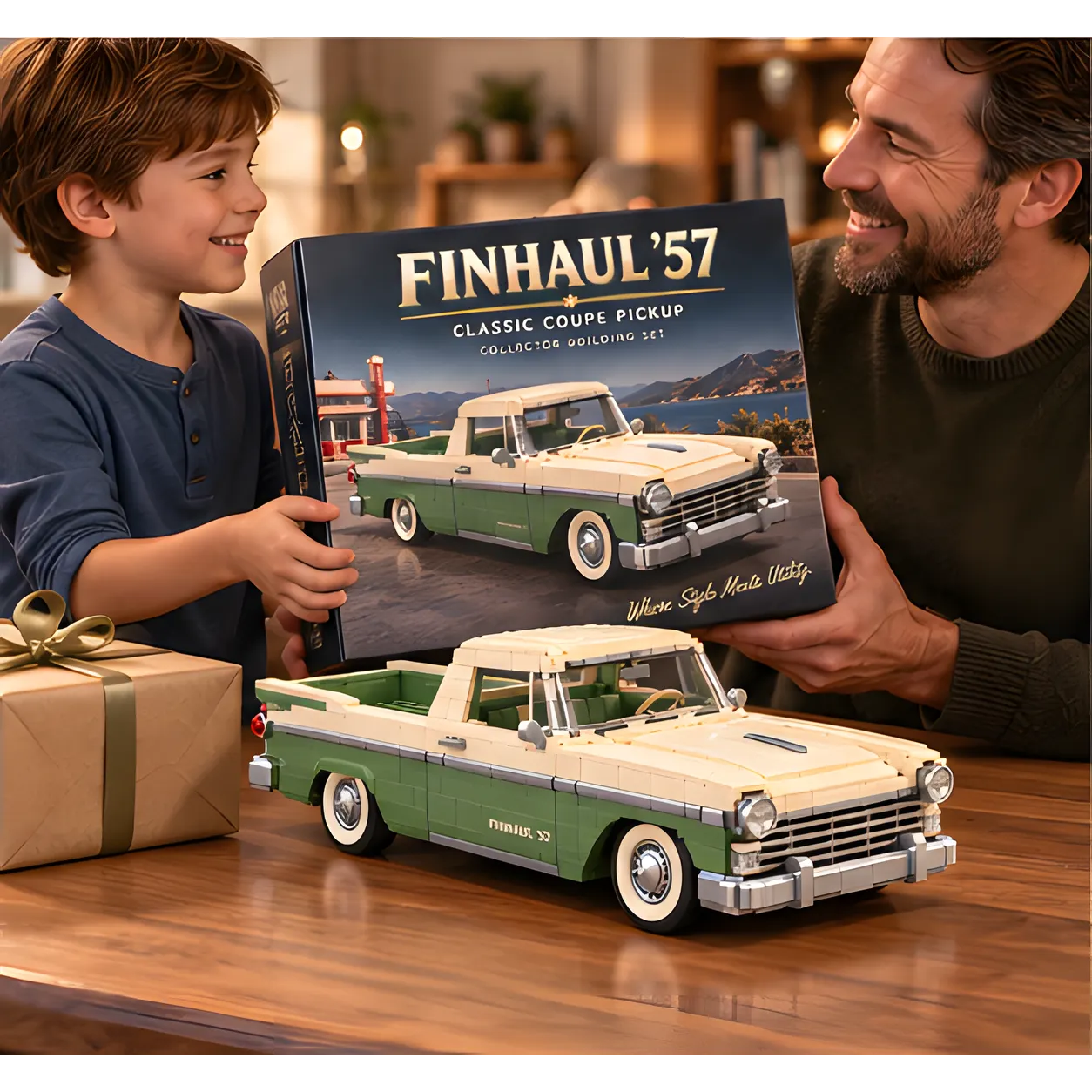 Smiling adult and child together beside a cream-and-olive brick-built coupe pickup with a broad silver grille and white-edged wheels.