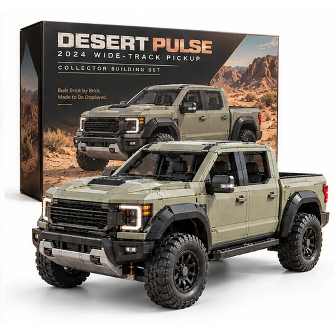 Complete olive-toned four-door brick pickup with oversized black tires displayed in front of its DESERT PULSE box on white