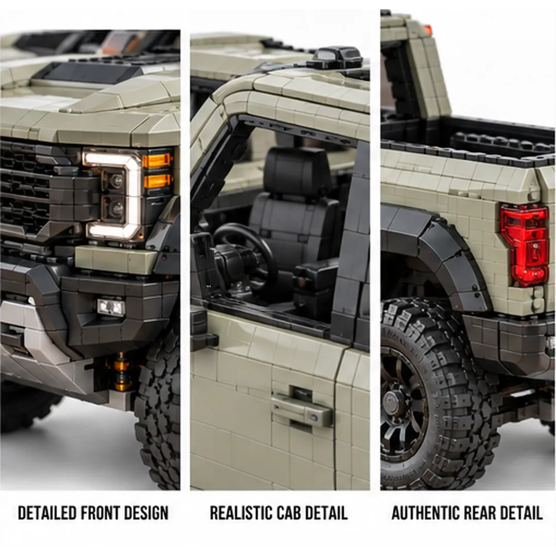 Three close-up views of the brick pickup showing its front grille, cabin seating, and rear bed with taillight