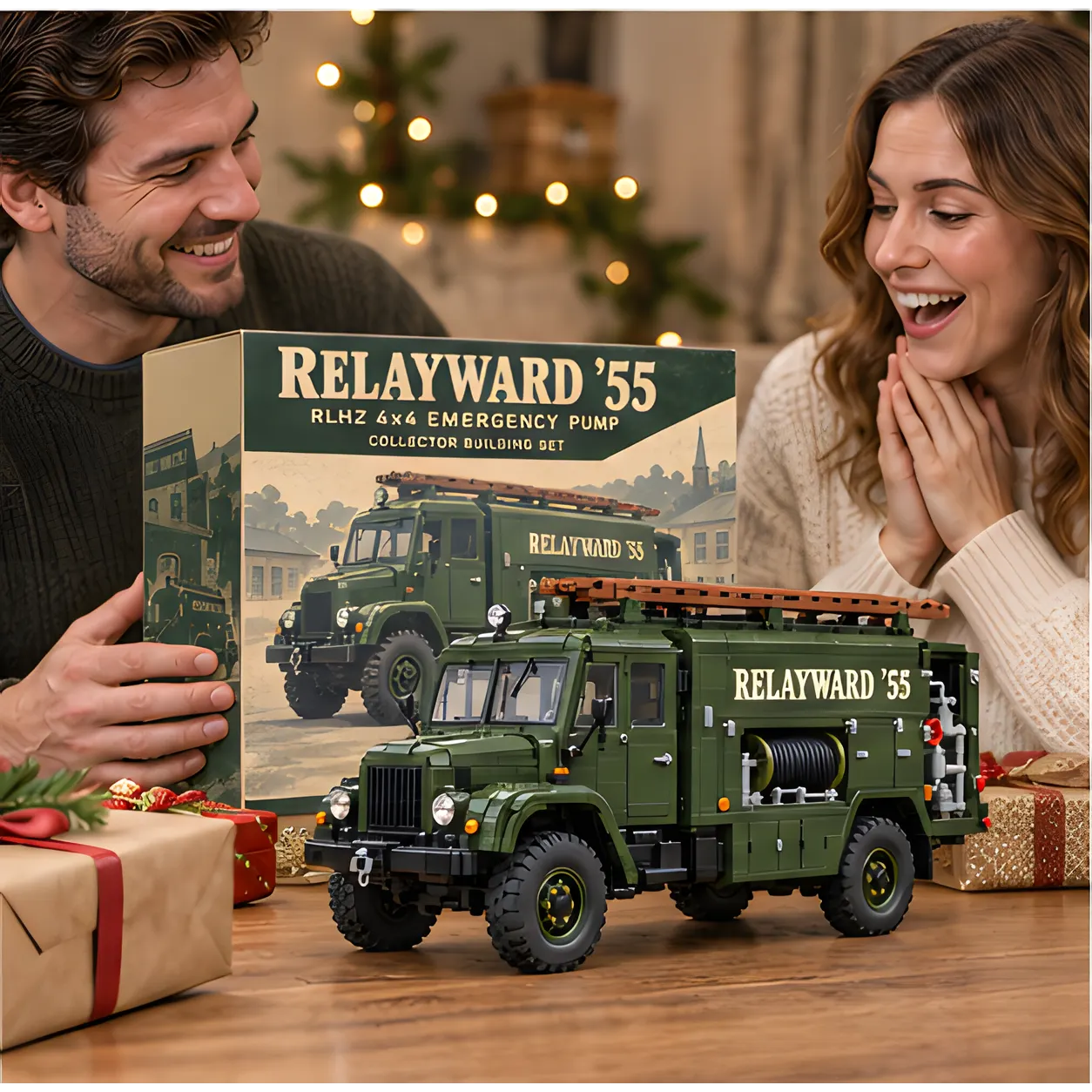 Two adults smiling beside the finished olive-green emergency pump brick build during a holiday gift moment.