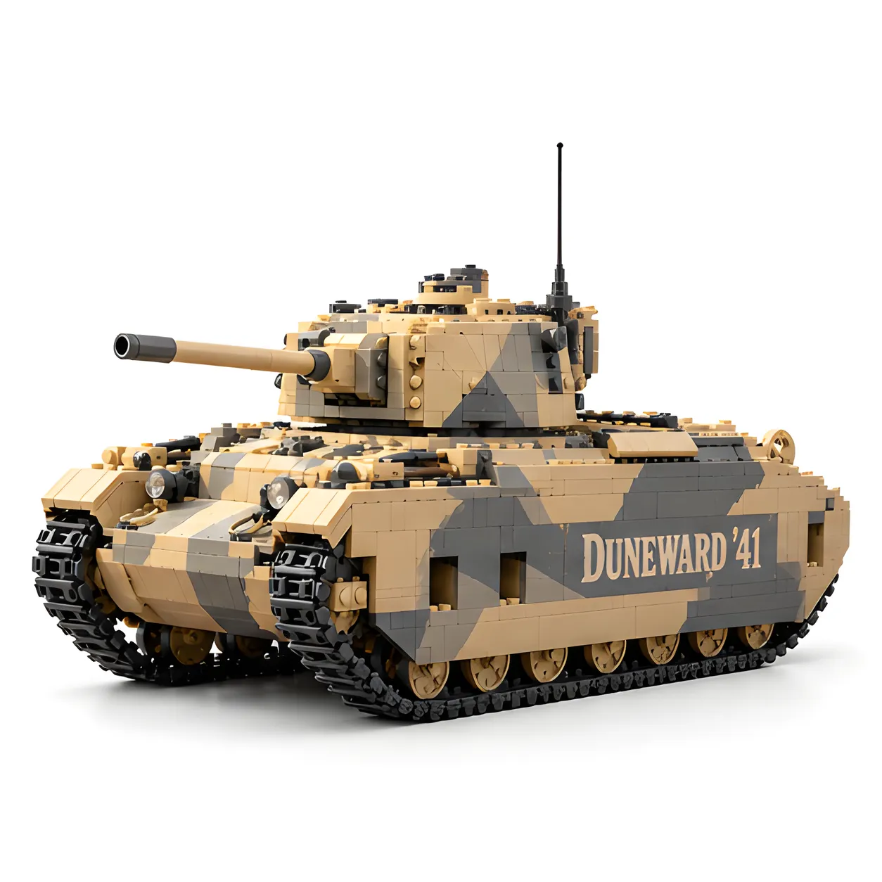 Completed Duneward '41 tan-and-gray tank building set on a white background, showing the turret, side-skirt openings, antenna, and treads without packaging.