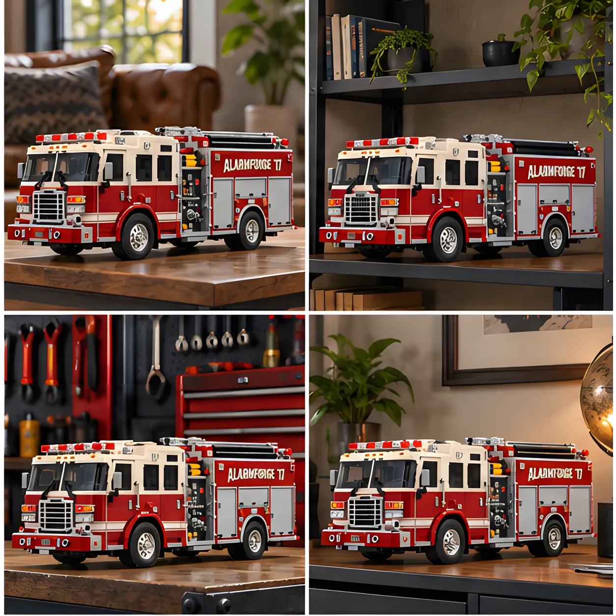 Four indoor display scenes showing a red and ivory brick-built pumper fire engine on a table, shelving, a workshop surface, and a home display area.
