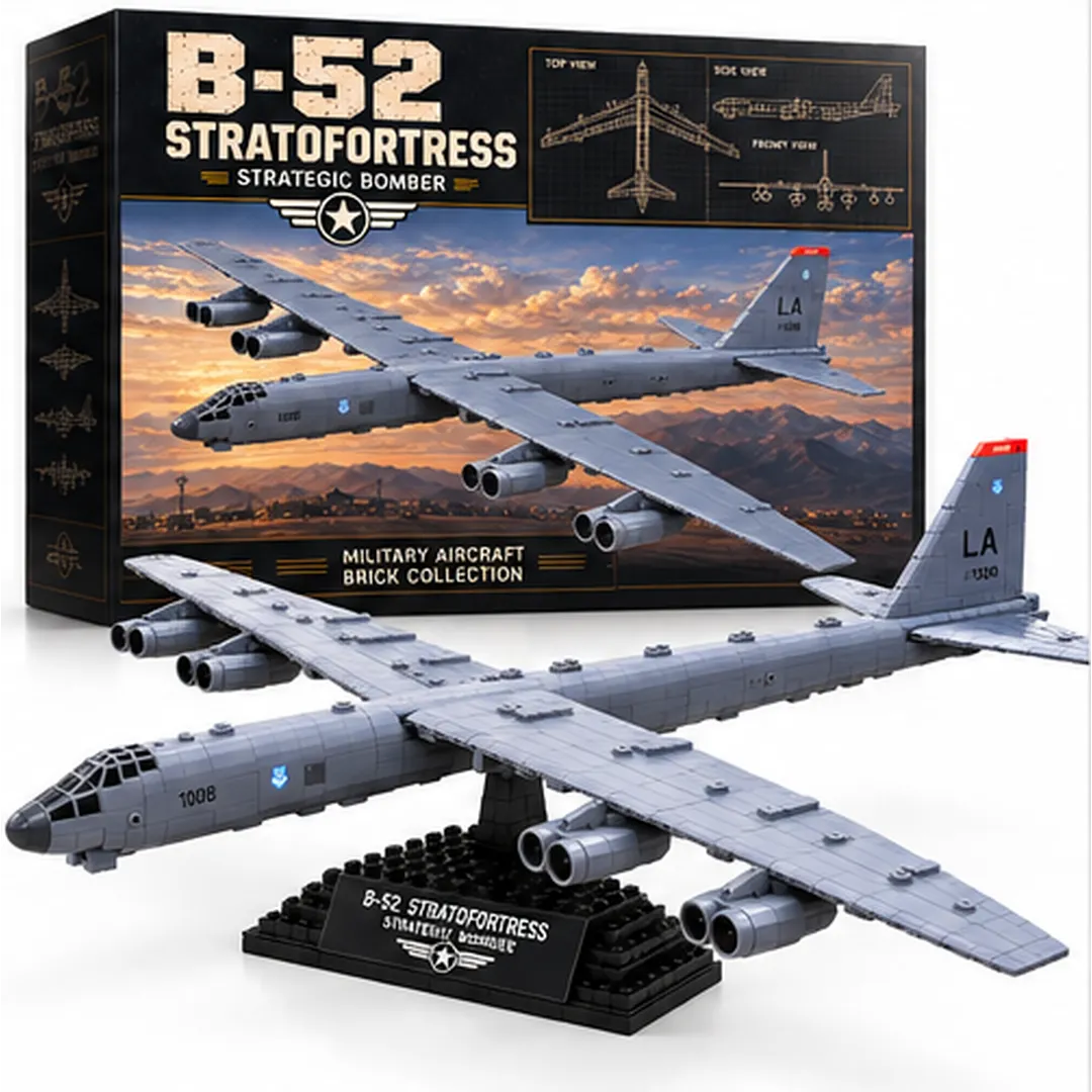 Complete gray B-52 Stratofortress eight-engine building-brick aircraft with long swept wings and black display base on a white backdrop