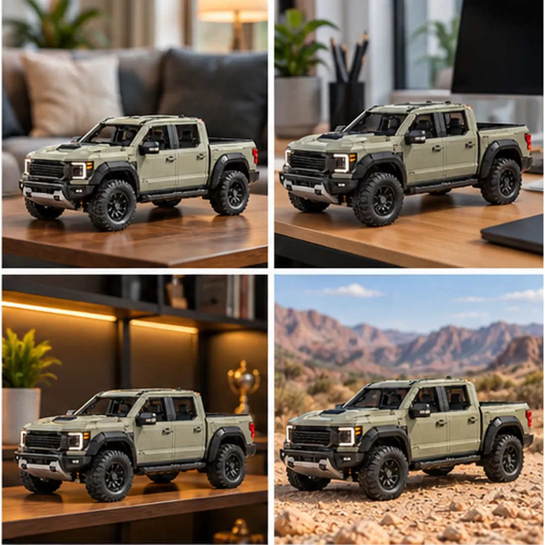Four display scenes of the olive-toned brick pickup on a living room table, office desk, display shelf, and desert ground