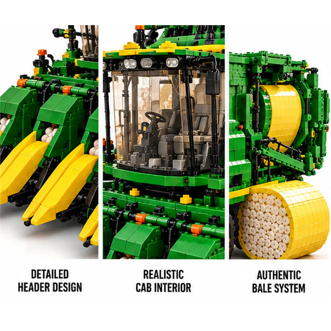 Harvest Six collector brick model close-up panels showing yellow pointed cotton picking units, transparent cab interior and yellow round module-inspired rear section