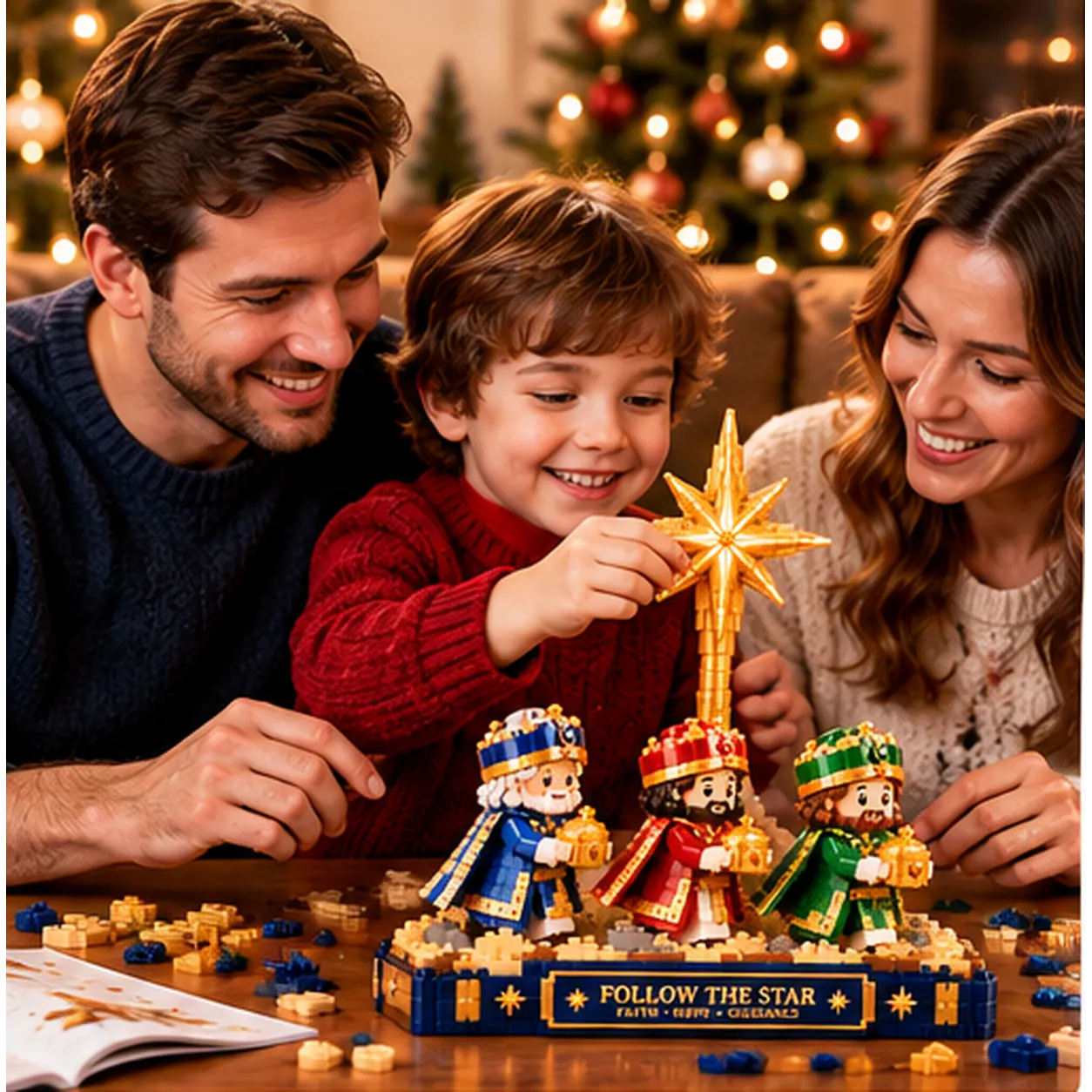 Family building the Follow the Star Christmas brick set together