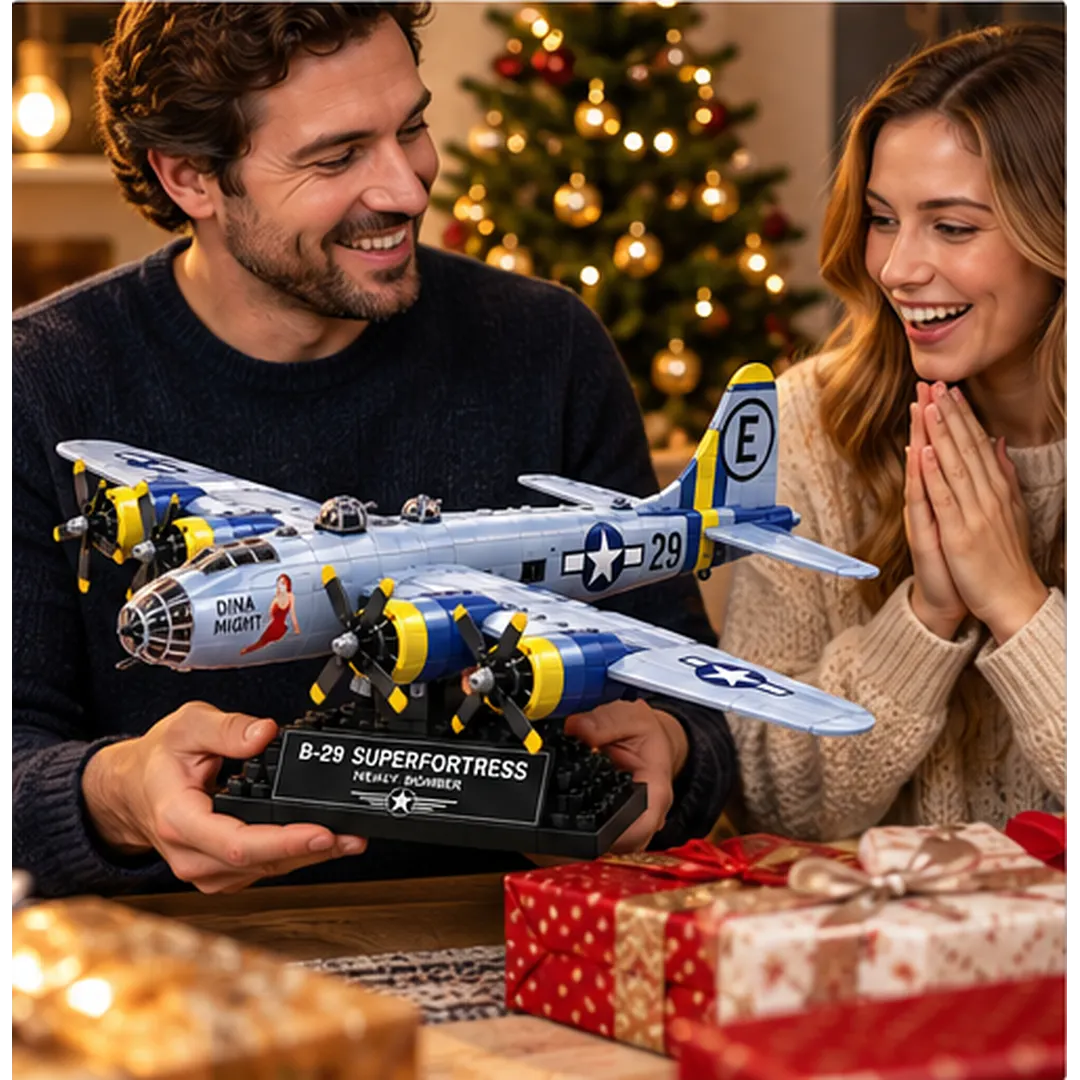 Smiling couple presenting a four-engine B-29 Superfortress brick-built aircraft on its display base near Christmas gifts