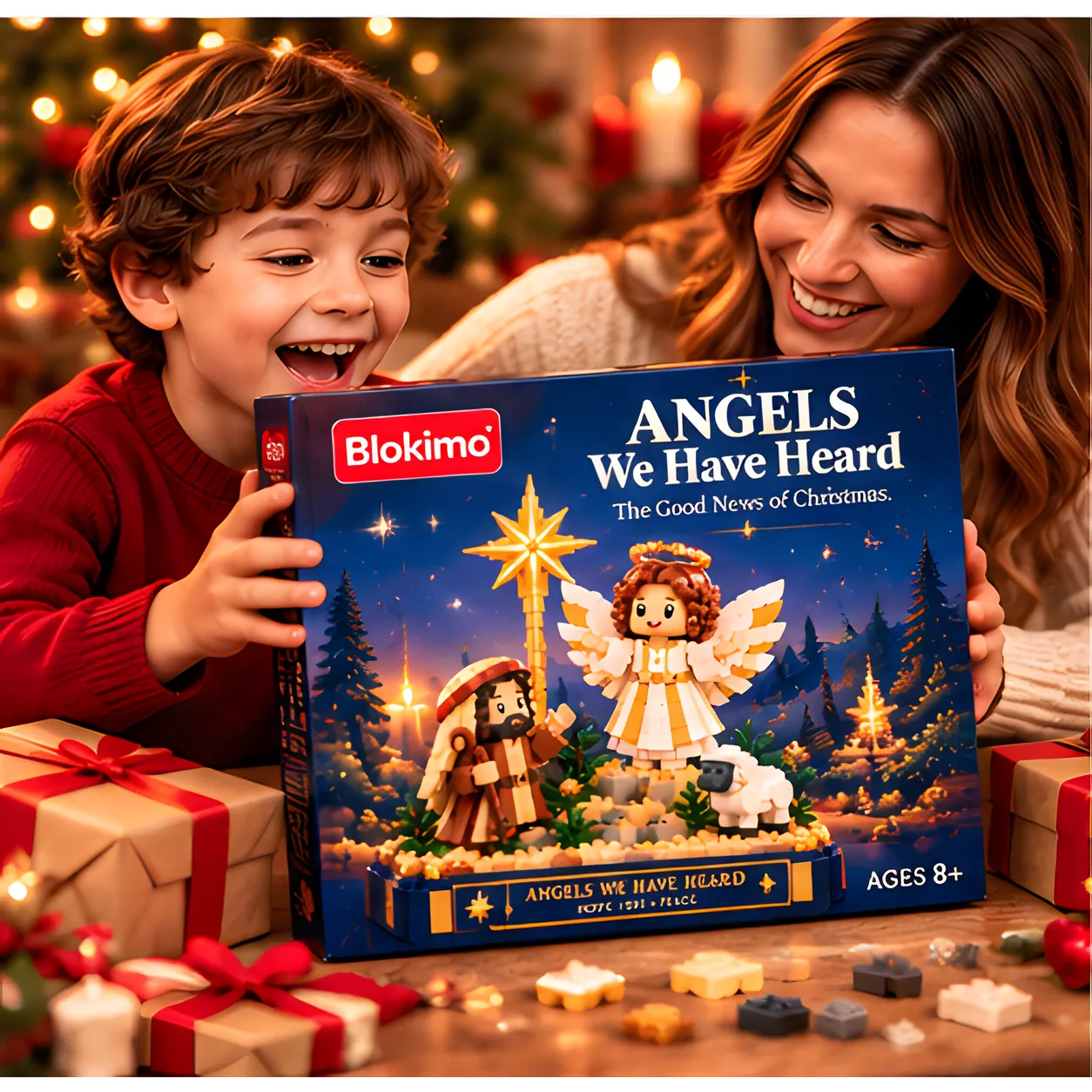 Smiling adult and child holding the illustrated Angels We Have Heard Christmas building set box beside wrapped gifts
