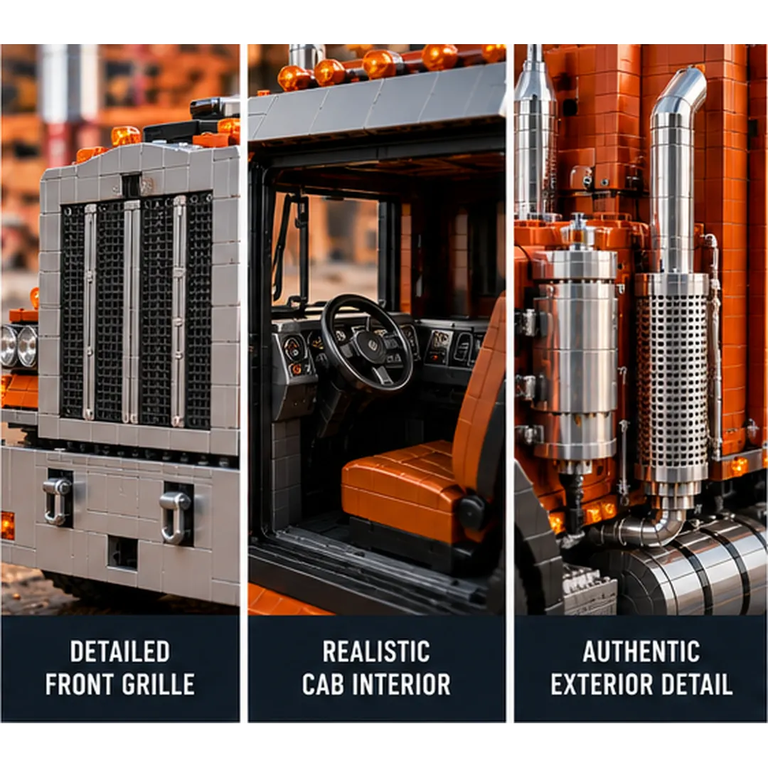 Three close-up photographs showing the brick truck front grille, cab interior and exterior hardware