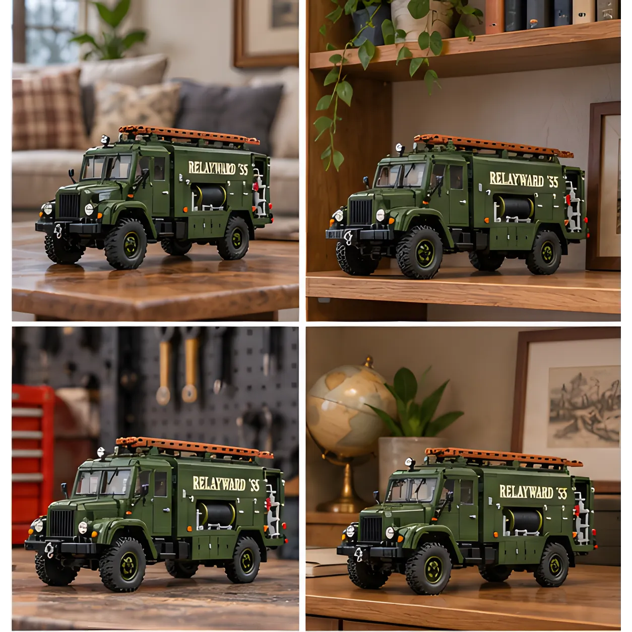 Four home display settings featuring the olive-green emergency pump brick build on a table, shelf, workshop surface, and home-office cabinet.
