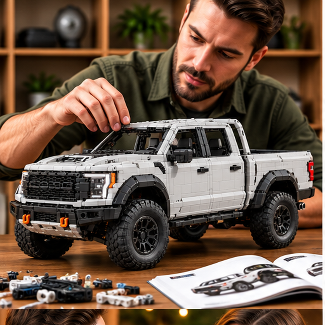 Light-colored off-road pickup collector model displayed in home office and hobby settings