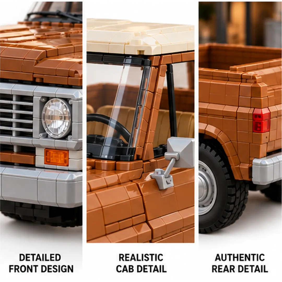 Three close-up panels of the vintage pickup brick model showing horizontal front grille, cream-roof cab and open rear bed details