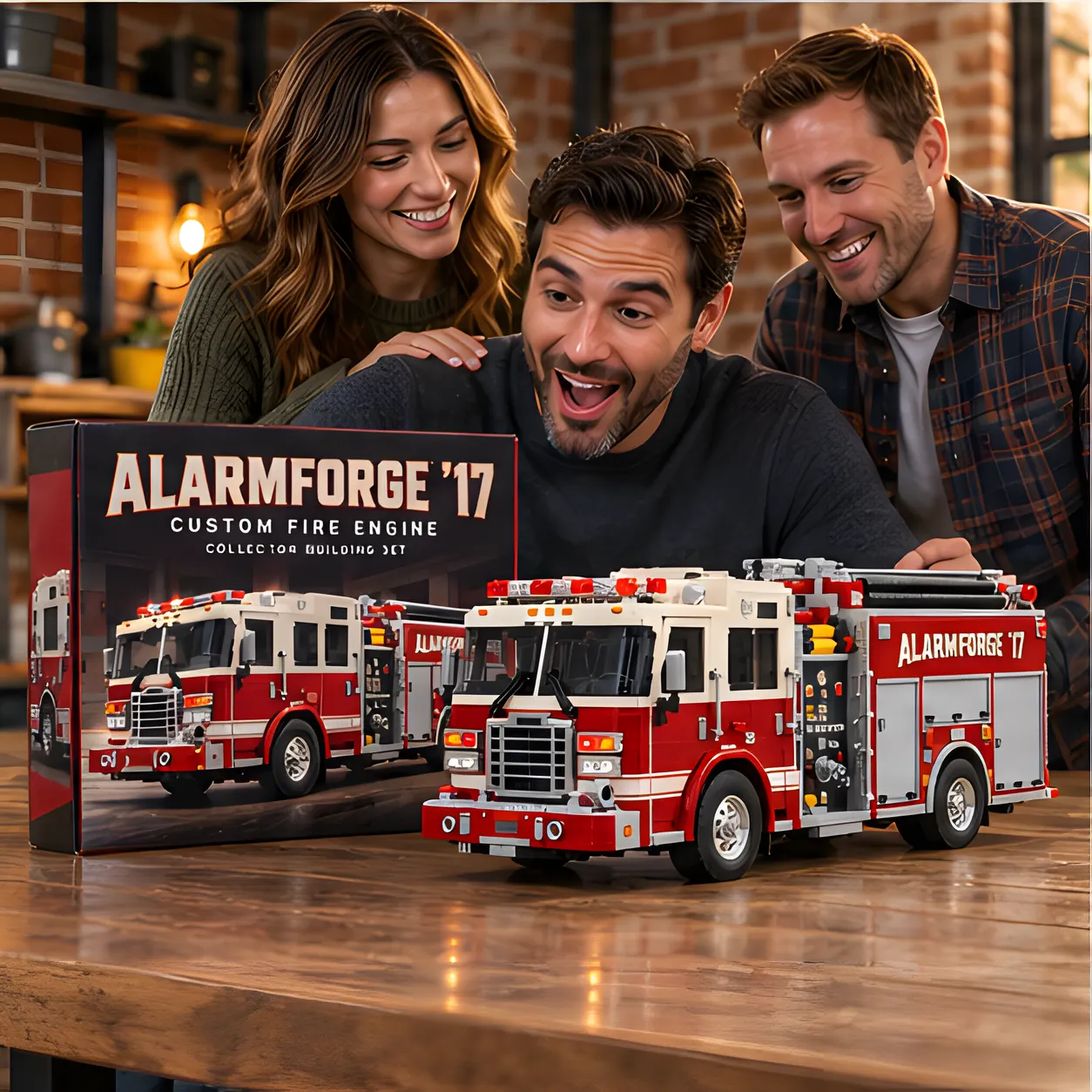 Three adults gathered around a red and ivory brick-built pumper fire engine on a table, smiling as they look at the finished build.