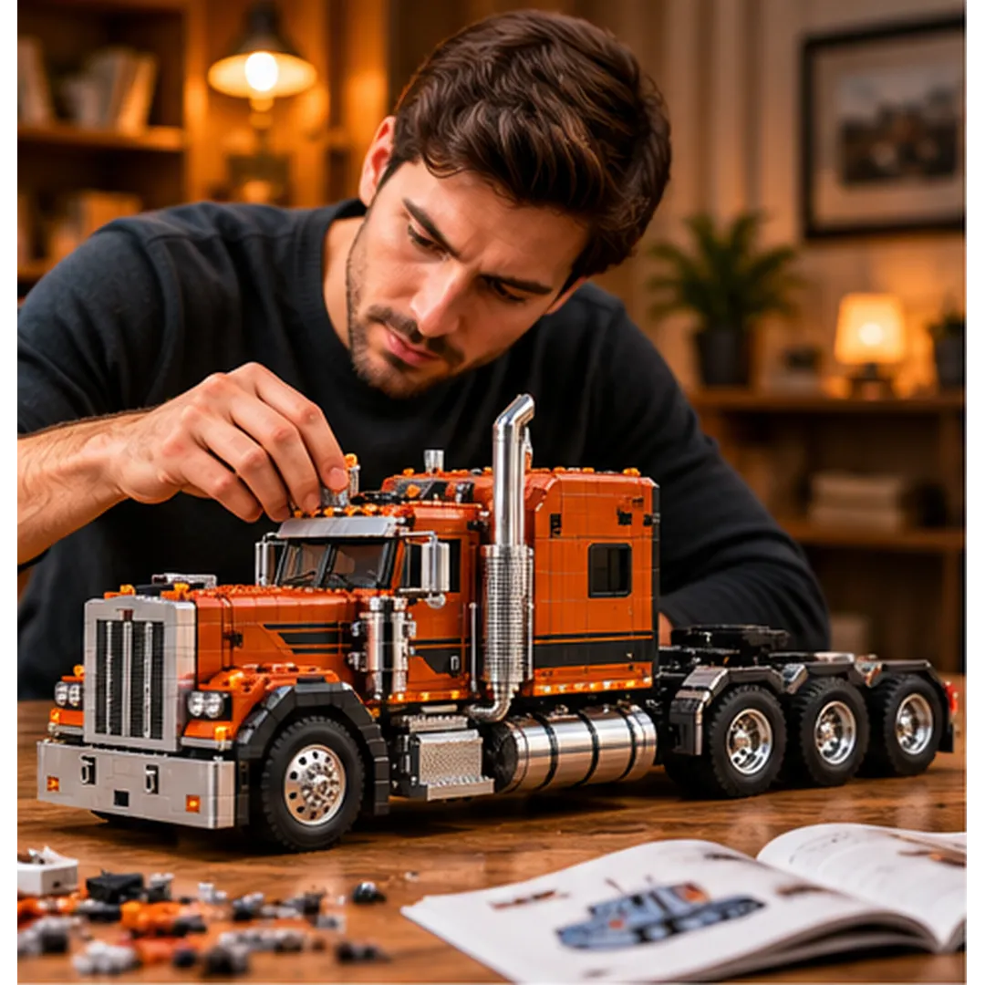 Adult hobbyist working on an orange heavy-haul truck model with loose building bricks