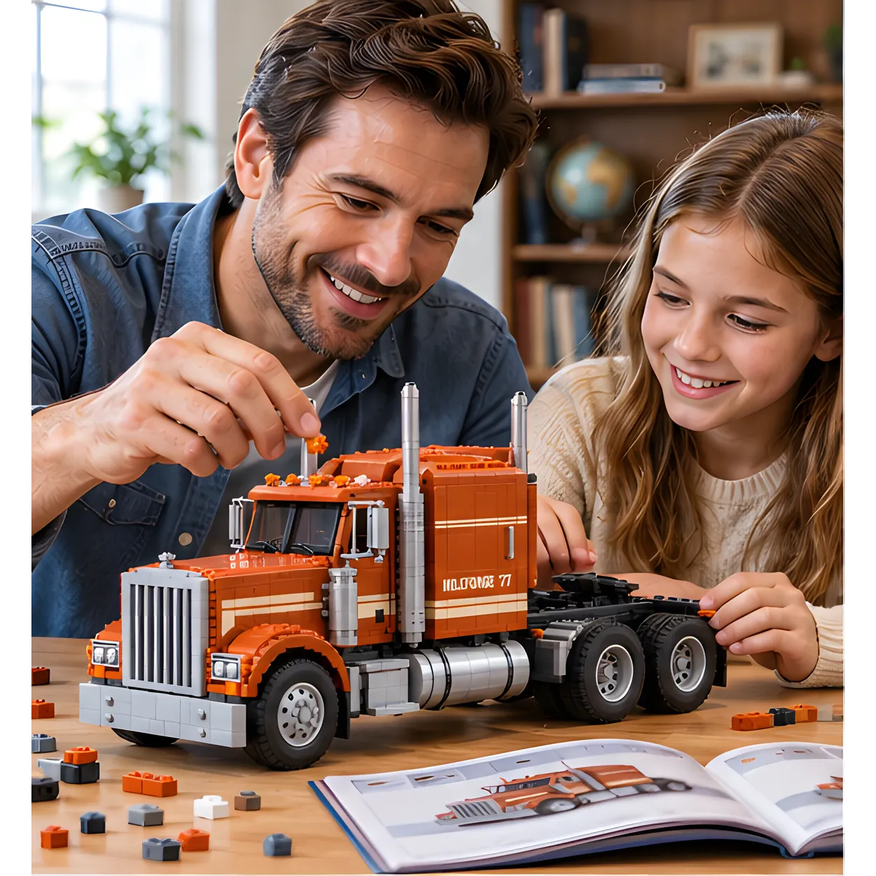 Adult man and girl assembling a burnt-orange long-hood truck building set at a table with loose bricks and an instruction booklet.