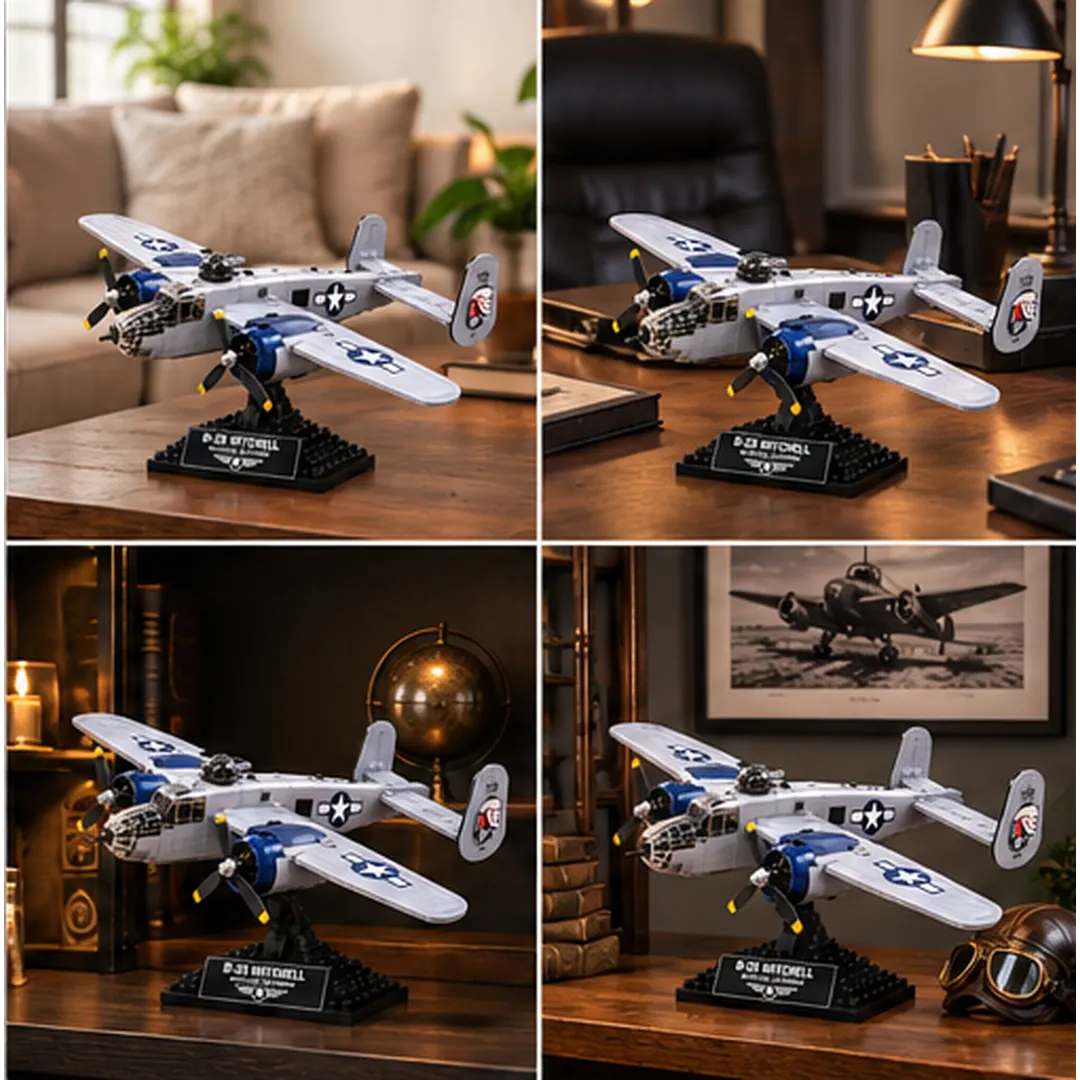 B-25 Mitchell collectible brick bomber displayed in home, office and aviation-themed interior settings
