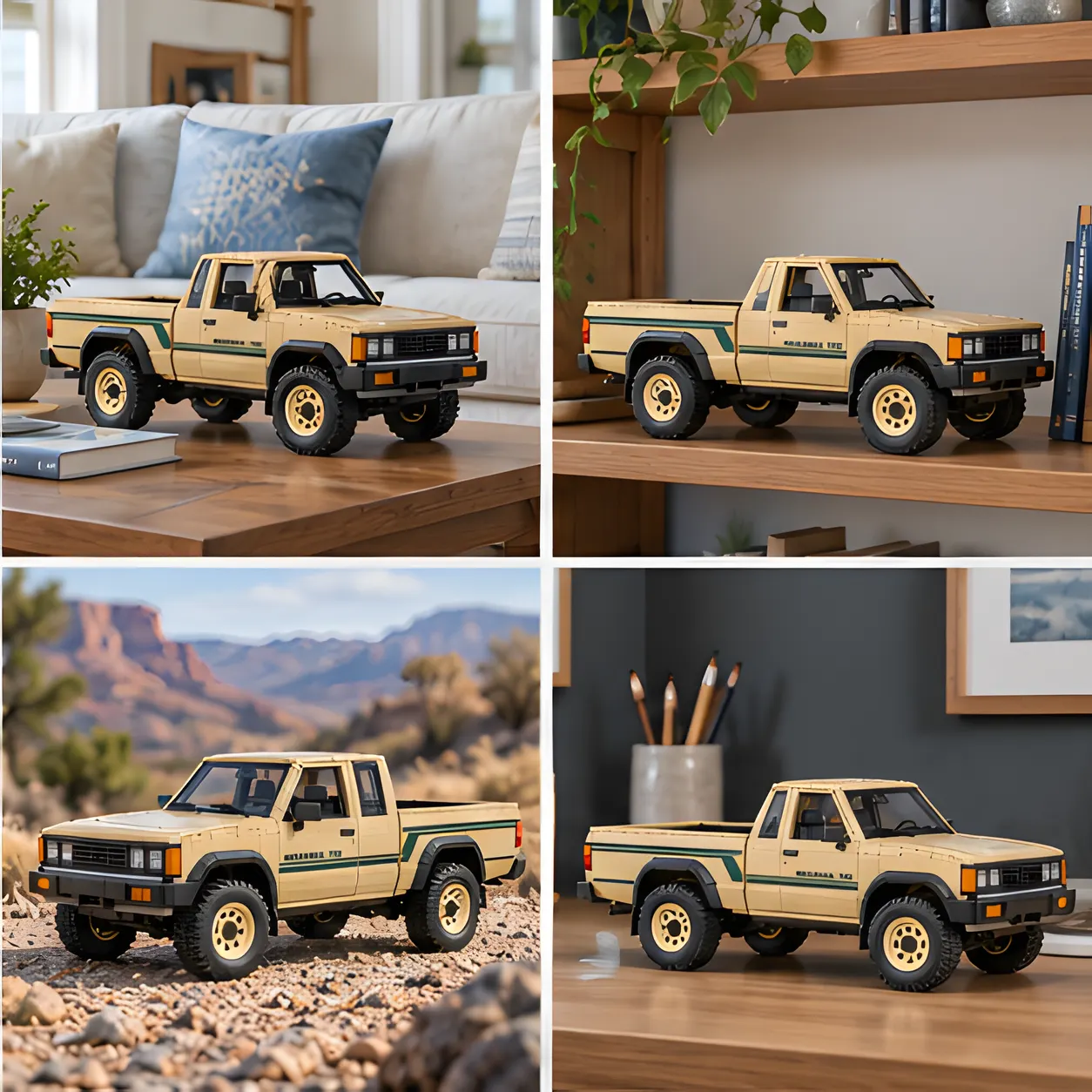 Four settings for the sand-tan pickup build: a living room table, a wooden bookshelf, rocky desert ground, and a home desk.