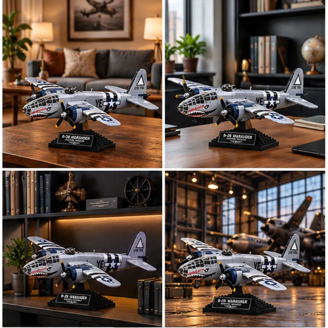 B-26 Marauder silver-gray brick aircraft on black display stand in living room, office, collector shelf and aviation hangar scenes