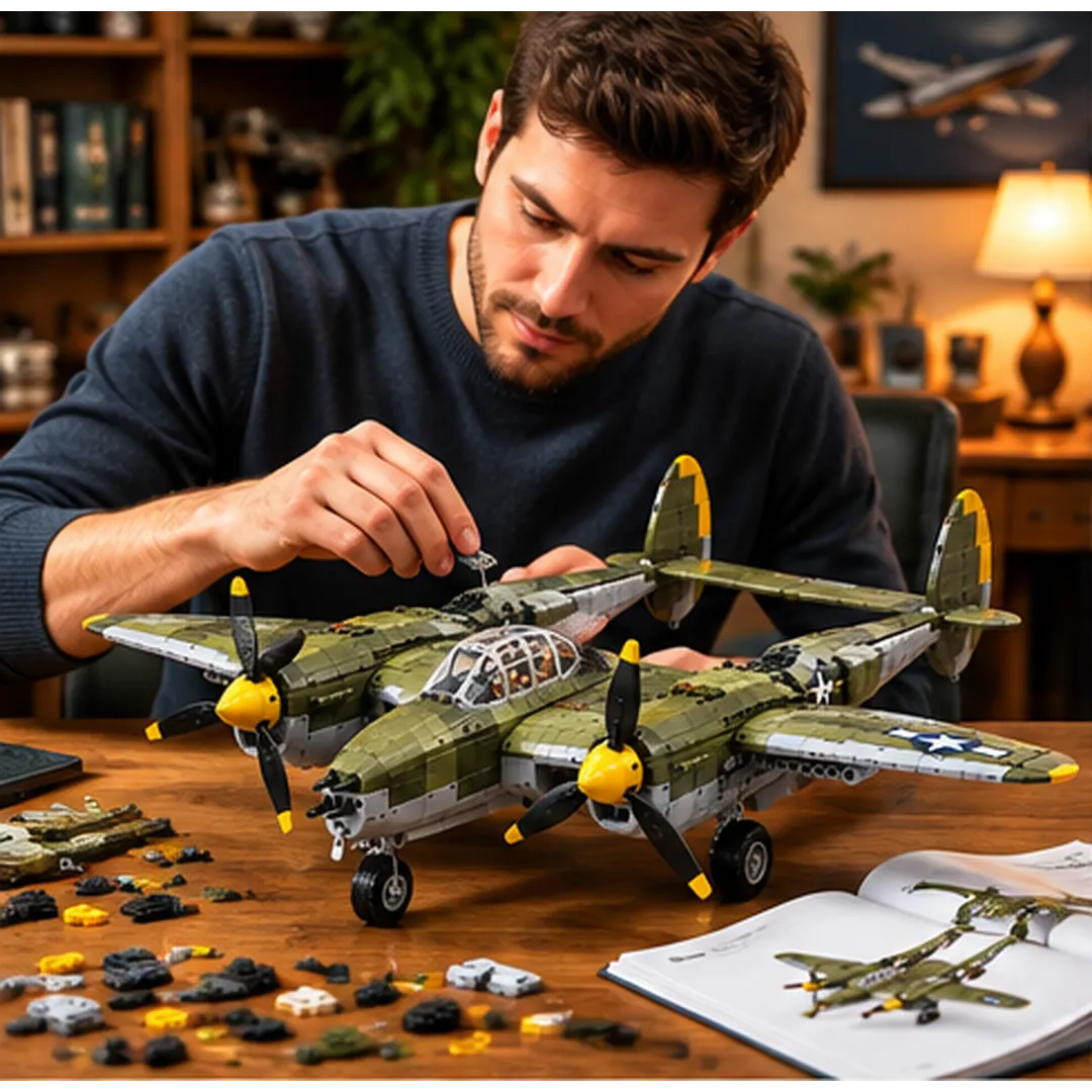 Adult hobbyist working on an olive-green twin-boom fighter building set at a wooden table with bricks and illustrated instructions