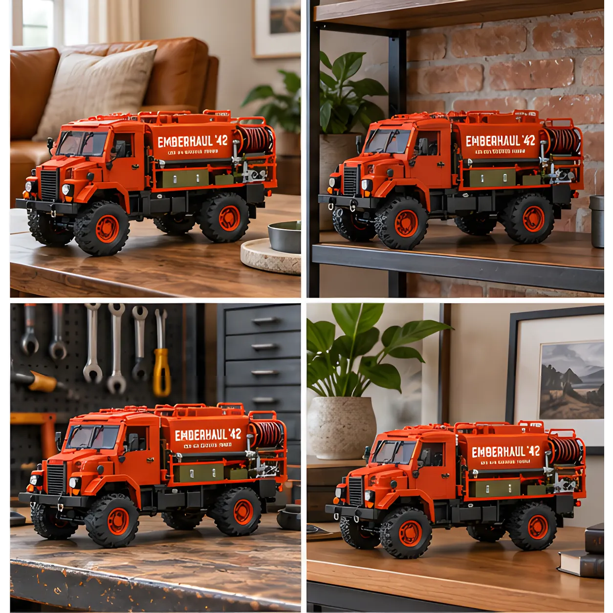 Four home display settings featuring the completed red brick-built bushfire tanker on a coffee table, shelf, workshop surface, and desk.