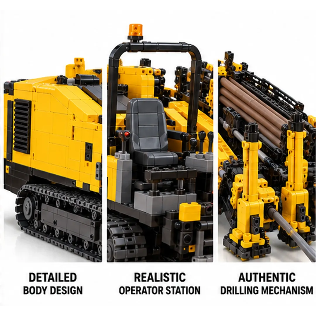 Horizontal directional drill model three-panel detail view of yellow body panels and crawler tracks, gray operator seat with controls, and black-and-yellow drilling frame with rod rack