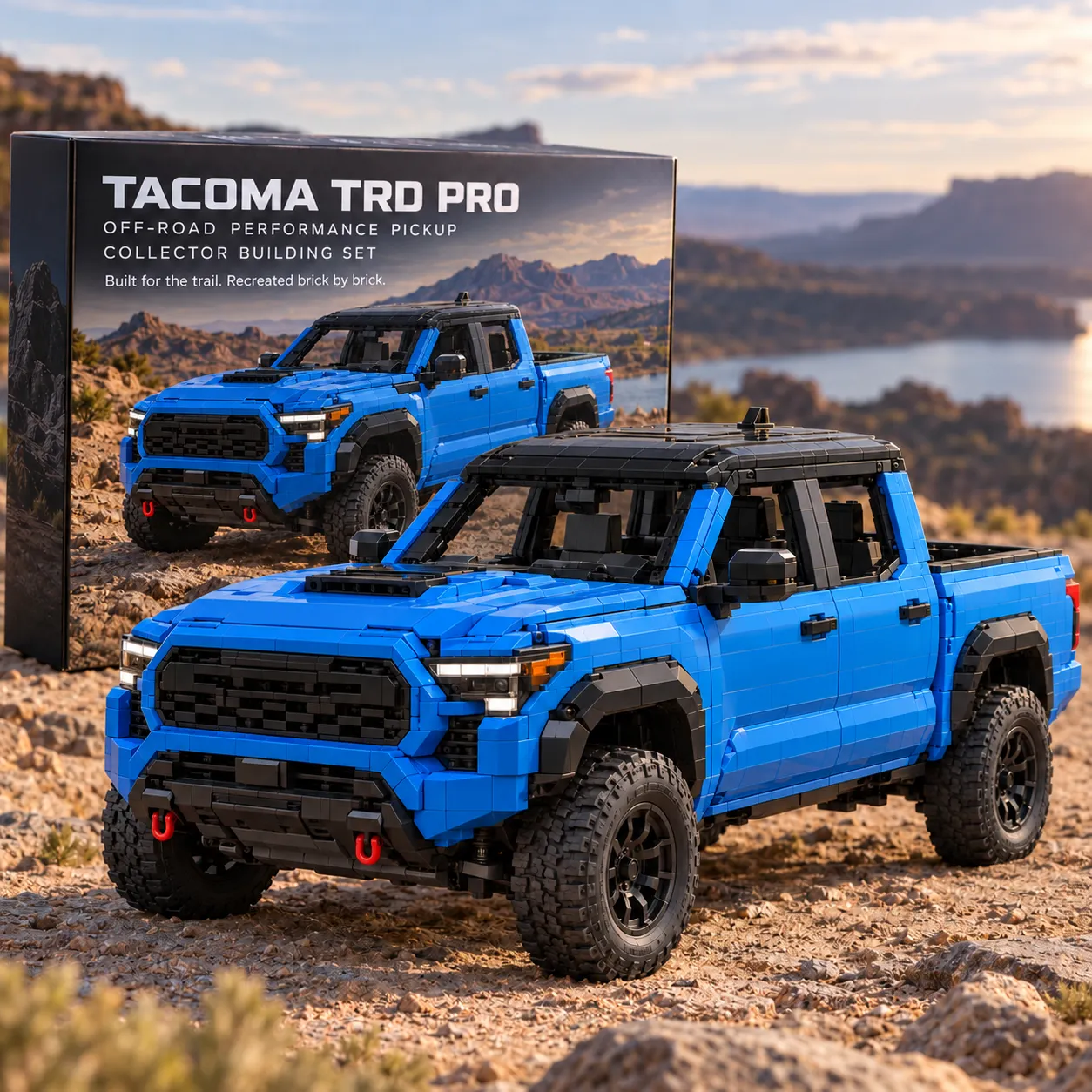 Blue Tacoma TRD Pro-inspired pickup building set and collector presentation in an outdoor setting