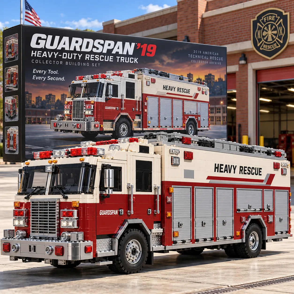 GUARDSPAN’19 brick-built heavy rescue truck with cream upper body, red lower panels, tall front grille, and silver side shutters outside a fire station.