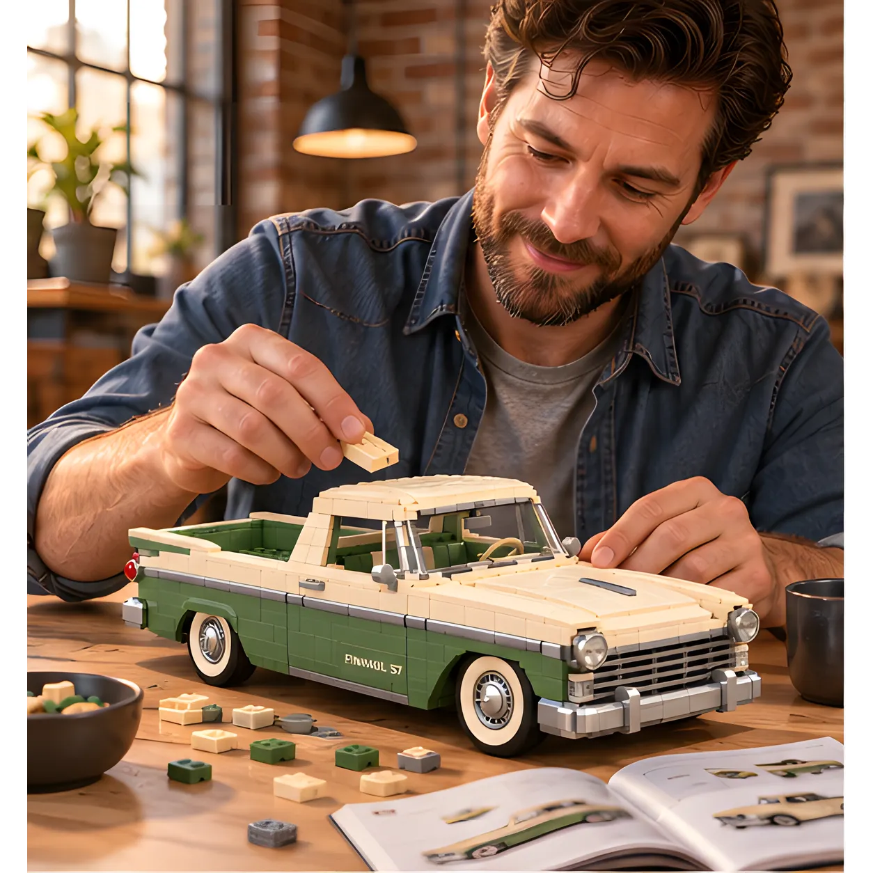 Adult placing a cream brick piece onto a vintage coupe pickup build at a wooden table with loose green and cream bricks and printed instructions.