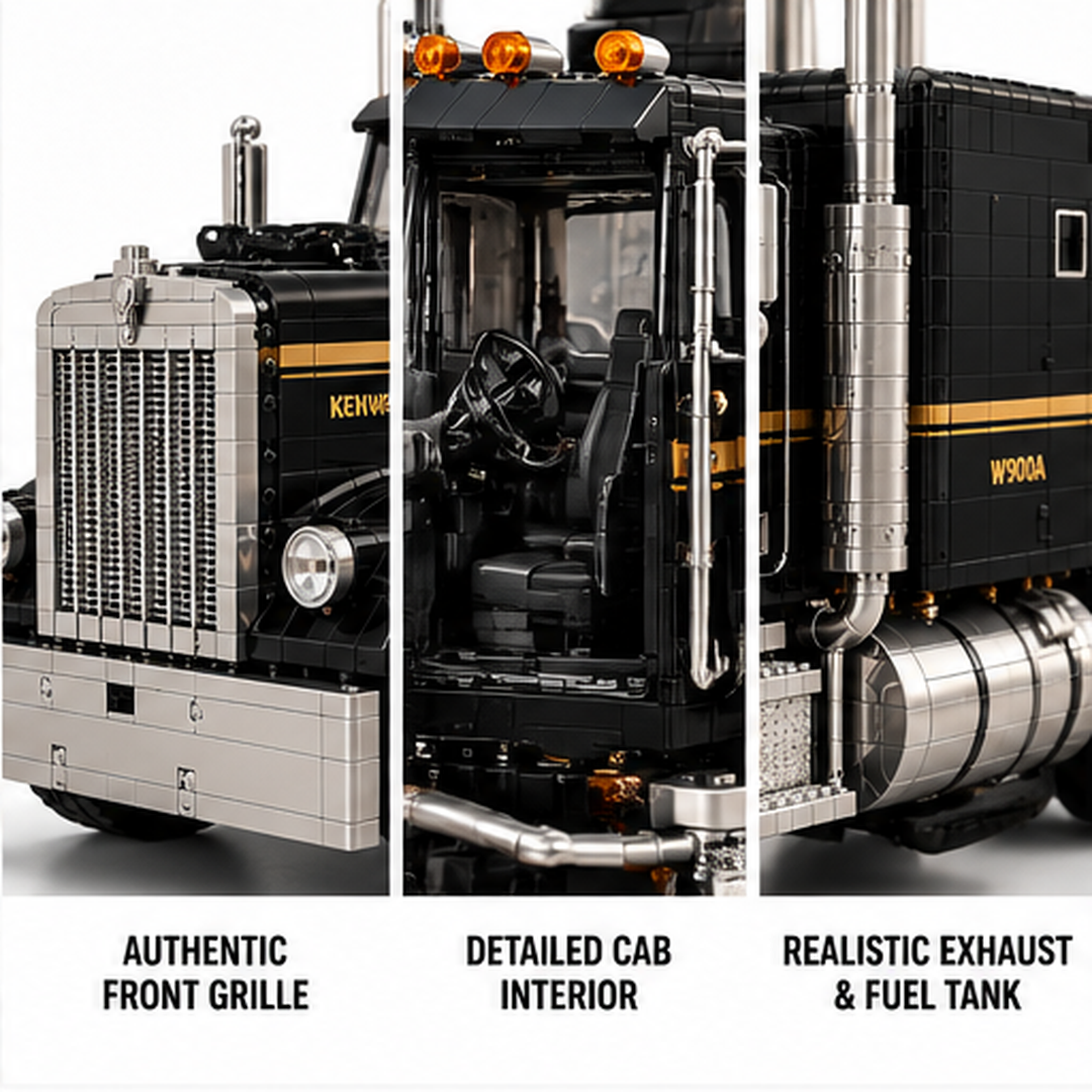 Kenworth W900A black-and-gold building set with collector box at an American desert highway sunset