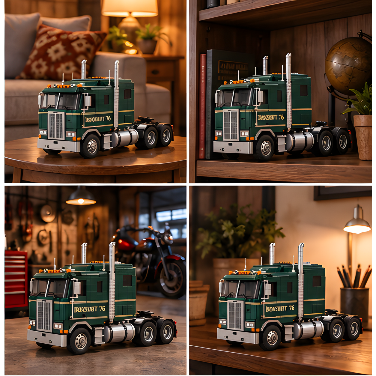 Four home display settings for the green cabover brick-built truck: living room table, bookcase, garage bench, and wooden desk.