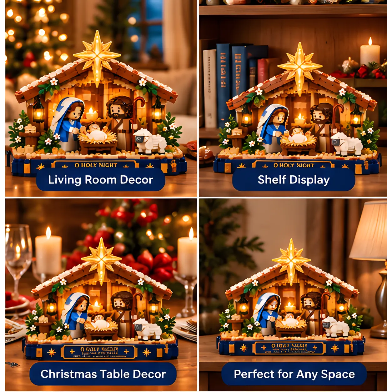 Four Christmas home settings with nativity brick build on living room console, shelf, dining table, and side table