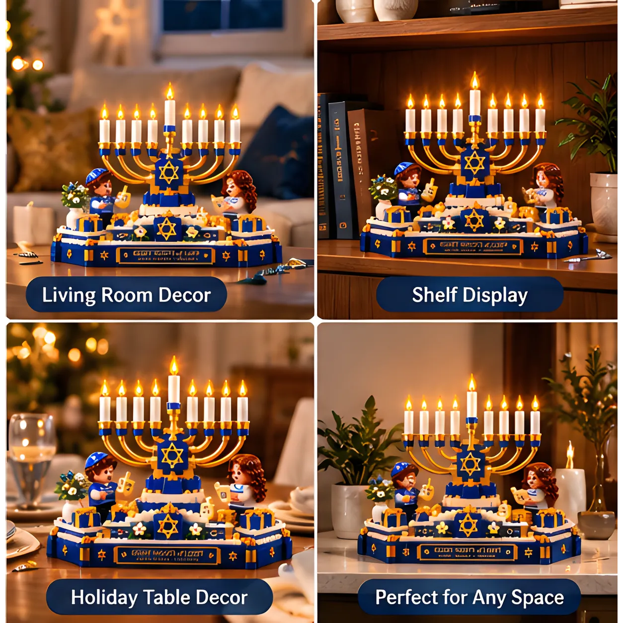 Four home display settings for a blue-and-gold Hanukkah brick menorah: living room table, bookshelf, holiday dining table, and countertop