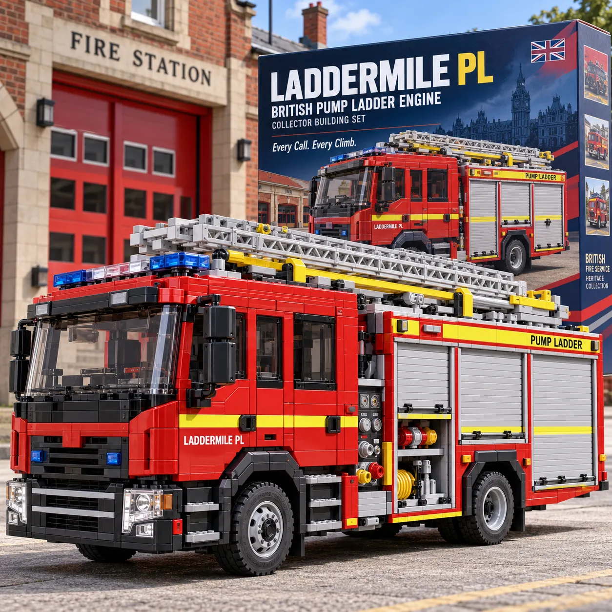 Red brick-built British pump ladder fire engine with a stowed gray ladder, blue beacons, and silver shutter-style panels outside a fire station.
