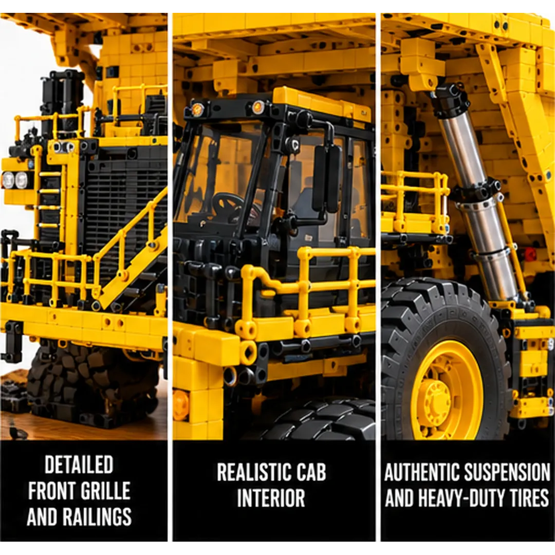 Complete yellow and black 830E-5-inspired brick-built mining dump truck against a white backdrop