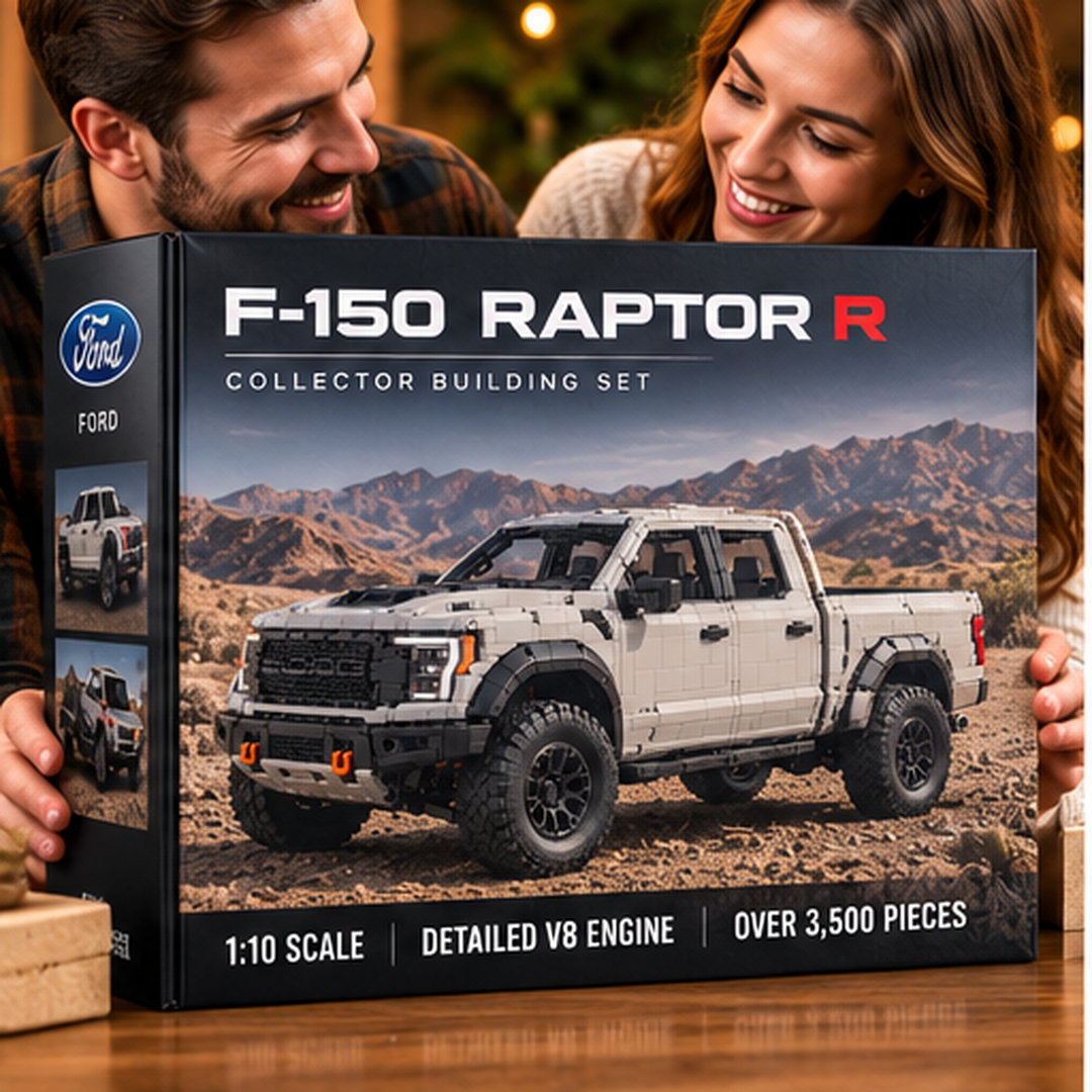 Complete light-colored F-150 Raptor R-inspired brick-built pickup with wide wheel arches and off-road tires