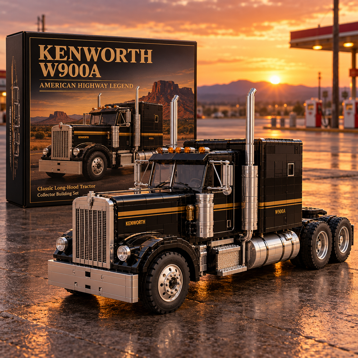 Adult building a black Kenworth W900A tractor model with loose bricks and an illustrated building guide nearby